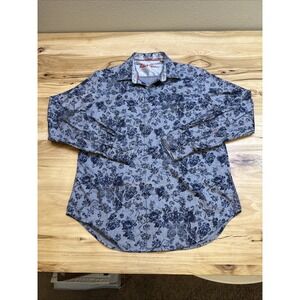 Robert Graham Medium Dragon Floral Paisley Roll Tab Shirt Gray Blue Cotton Boho